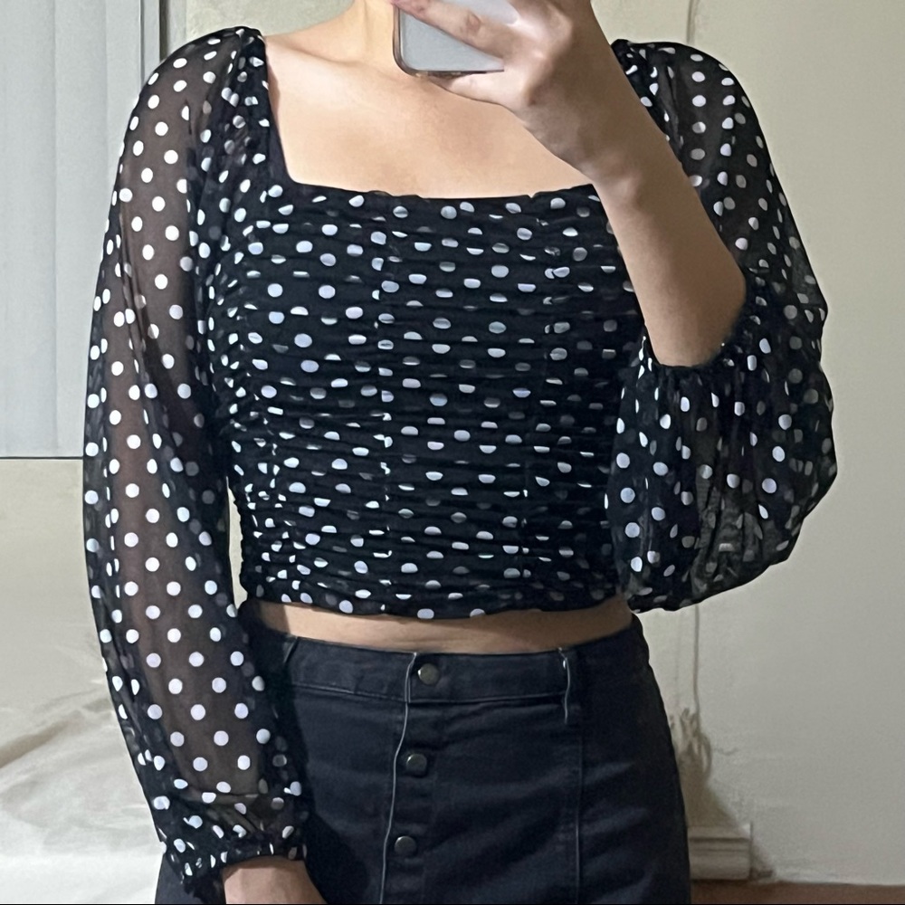 Black White Polka Dot Long Sleeve Crop Top Blouse
